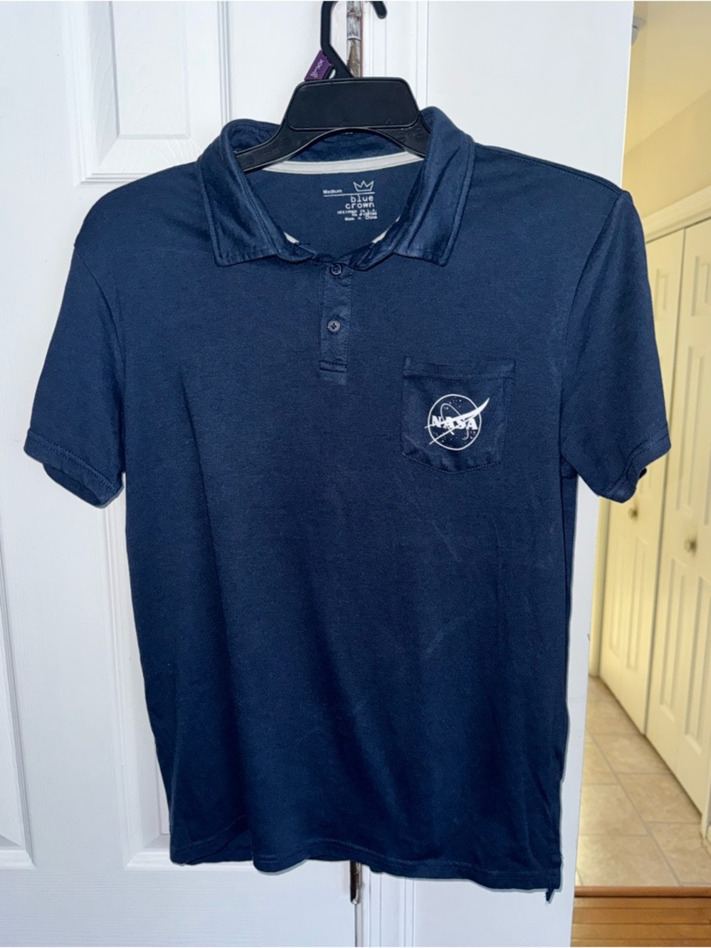 Blue Crown NASA Polo Shirt Men's Medium Navy Blue Short Sleeve Pocket Meatball